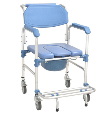 kaufen Blauer Vierradtoiletten-Stuhl des Aluminiumlegierungs-Rahmen-pp. mit Bremse Online-Herstellung