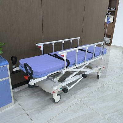 Hydraulische Trage Hspital Ausrüstung Medizinischer Patient Trolley Klappschutzgelände Rollstuhltransfer b